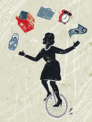 Woman on unicycle balancing life responsibilities