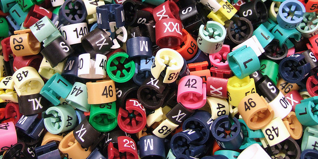 Close up on clothing size labels